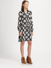 Graphically charged silk dress has a contrasting point collar and figure-complementing drawstring waistband. Point collarButton frontDrawstring drop waistLong sleeves with banded cuffsAbout 20 from natural waistSilkDry cleanMade in USA of imported fabricModel shown is 5'7 (174cm) wearing US size 2. Graphically charged silk dress has a contrasting point collar and figure-complementing drawstring waistband. Point collarButton frontDrawstring drop waistLong sleeves with banded cuffsAbout 20 from natural waistSilkDry cleanMade in USA of imported fabricModel shown is 5'7 (174cm) wearing US size 2.