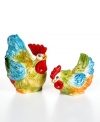 Exuberant hues and whimsical bird shapes make the Pasha Rooster salt and pepper shakers a country-fun addition to casual tables and decor. From Tabletops Unlimited's collection of serveware.
