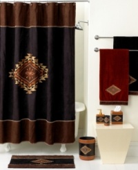 Featuring an embroidered Aztec appliqué medallion and whip-stitched accents, the Mojave shower curtain invigorate your bath with rich color and stunning details. Featuring an embroidered Aztec appliqué medallion and whip-stitched accents, the Mojave shower curtain invigorate your bath with rich color and stunning details.