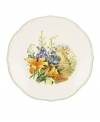 Garden party. The Floral Meadow Daylily accent or salad plates bring eternal spring with a bouquet of white, orange and blue rooted in resilient everyday porcelain. A scalloped edge adds to the charm of the graceful mix-and-match Lenox collection. (Clearance)