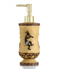 Revered by Native Americans, Kokopelli gives your bathroom an authentically Southwestern vibe. Saddle stitching frames the dancing deity on this dimpled soap and lotion dispenser. With a goldtone pump. Revered by Native Americans, Kokopelli gives your bathroom an authentically Southwestern vibe. Saddle stitching frames the dancing deity on this dimpled soap and lotion dispenser. With a goldtone pump.