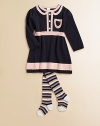 A cute, cozy knit frock is updated with front button detail, faux Peter Pan collar and front chest pocket, plus contrasting striped trim.Crewneck with faux Peter Pan collarLong puff sleevesPullover styleRibbed cuffs and hemPatch pocketCottonMachine washImported