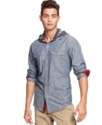 The standard jersey button down gets a sporty update with this hooded chambray shirt by Bar III. (Clearance) The standard jersey button down gets a sporty update with this hooded chambray shirt by Bar III. (Clearance)