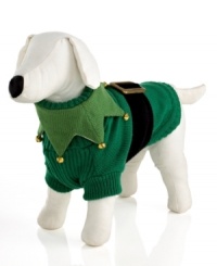 Dress your dog like Santa's little helper. Complete with a jingle-bell collar and belt buckle, this adorable elf sweater will make your pup the star of every family photo. Dress your dog like Santa's little helper. Complete with a jingle-bell collar and belt buckle, this adorable elf sweater will make your pup the star of every family photo.