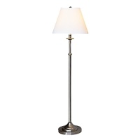 Brushed chrome finish over metal and brass. Three way switch. Natural Side Pleat Fabric shade. Adjustable height from 49 to 58. Brushed chrome finish over metal and brass. Three way switch. Natural Side Pleat Fabric shade. Adjustable height from 49 to 58.