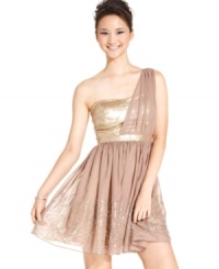 Grecian style meets glitterati cool on this one-shoulder dress from Jump! Gold-tone sequins and dreamy chiffon design makes this number totally shine. Grecian style meets glitterati cool on this one-shoulder dress from Jump! Gold-tone sequins and dreamy chiffon design makes this number totally shine.