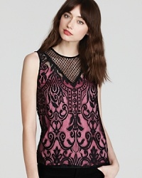 Go decadent and dark or bold and bright in this Juicy Couture top, flaunting a sheer lace overlay and interchangeable lining tanks. Go decadent and dark or bold and bright in this Juicy Couture top, flaunting a sheer lace overlay and interchangeable lining tanks.