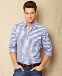 Get vertical. These slimming stripes from Nautica upgrade your casual look.