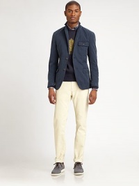 This cotton canvas design features corduroy elbow patches and chest, waist flap pockets with gold tone button detail.Button-frontChest, waist flap pocketsAbout 28 from shoulder to hemFully linedCottonDry cleanImported This cotton canvas design features corduroy elbow patches and chest, waist flap pockets with gold tone button detail.Button-frontChest, waist flap pocketsAbout 28 from shoulder to hemFully linedCottonDry cleanImported