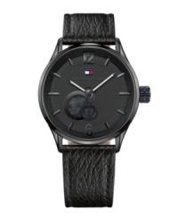 Go against the grain with this textured leather watch from Tommy Hilfiger. Crafted of black textured leather strap and round black ion-plated stainless steel case. Black dial features numerals at twelve and six o'clock, applied stick indices, white hour and minute hands, black second hand, and iconic logo at twelve o'clock. Automatic movement. Water resistant to 30 meters. Ten-year limited warranty. Go against the grain with this textured leather watch from Tommy Hilfiger. Crafted of black textured leather strap and round black ion-plated stainless steel case. Black dial features numerals at twelve and six o'clock, applied stick indices, white hour and minute hands, black second hand, and iconic logo at twelve o'clock. Automatic movement. Water resistant to 30 meters. Ten-year limited warranty.