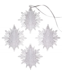 Shimmer and shine. Add a look of winter wonderment to your tree with this set of four snowflake ornaments embellished with silver sparkles for a luminous quality. Shimmer and shine. Add a look of winter wonderment to your tree with this set of four snowflake ornaments embellished with silver sparkles for a luminous quality.