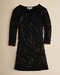 Tonal sequins sparkle from this stylish ponte knit dress from Elisa B. Three quarter sleeves ramp up the trend cred. Tonal sequins sparkle from this stylish ponte knit dress from Elisa B. Three quarter sleeves ramp up the trend cred.