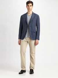 A sartorial necessity, impeccably tailored in luxurious, check-printed linen enhanced by a single-breasted, classic fit silhouette.Button-frontChest welt, waist flap pocketsSide ventsFully linedAbout 29 from shoulder to hemLinenDry cleanImported A sartorial necessity, impeccably tailored in luxurious, check-printed linen enhanced by a single-breasted, classic fit silhouette.Button-frontChest welt, waist flap pocketsSide ventsFully linedAbout 29 from shoulder to hemLinenDry cleanImported