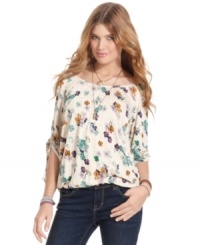Gathered, three-quarter sleeves and a comfy, blouson fit make this floral-print top from American Rag the sweetest look for fall! Gathered, three-quarter sleeves and a comfy, blouson fit make this floral-print top from American Rag the sweetest look for fall!