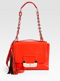 A structured turnlock flap silhouette, crafted from sleek matte leather with polished hardware and an oversized tassel.Top handle, 2 dropChain and leather shoulder strap, 13½ dropAdjustable detachable shoulder strap, 20-25 dropTurnlock flap closureTwo outside pockets to hold an iPad® or tabletOne inside zip pocketTwo inside open pocketsCotton lining13W X 10H X 2DImported A structured turnlock flap silhouette, crafted from sleek matte leather with polished hardware and an oversized tassel.Top handle, 2 dropChain and leather shoulder strap, 13½ dropAdjustable detachable shoulder strap, 20-25 dropTurnlock flap closureTwo outside pockets to hold an iPad® or tabletOne inside zip pocketTwo inside open pocketsCotton lining13W X 10H X 2DImported
