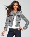 Tweed takes center stage on INC's stylish jacket, complete with fun fringe trim and chain link details.