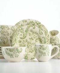 Update your table with the old-world charm of Floral Damask dinnerware by Gibson. Service for four draped in sage-green blooms offers effortless grace at every meal. Update your table with the old-world charm of Floral Damask dinnerware by Gibson. Service for four draped in sage-green blooms offers effortless grace at every meal.