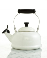 Whistling for you. This beautiful enameled steel kettle will remind you to take a break. Features a unique locking handle and phenolic knob making it easy to lift and pour. Wide lid area makes clean up a snap! Limited lifetime warranty. Whistling for you. This beautiful enameled steel kettle will remind you to take a break. Features a unique locking handle and phenolic knob making it easy to lift and pour. Wide lid area makes clean up a snap! Limited lifetime warranty.