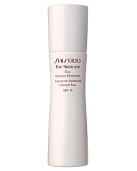 Shiseido The Skincare Day Moisture Protection SPF 15. A daytime moisturizer specially formulated to provide optimal hydration and balance in skin while protecting against UV rays and the damaging effects of other environmental factors. Recommended for normal and combination skin. Smooth over face each morning after cleansing and balancing skin. Contains SPF 15. Shiseido The Skincare Day Moisture Protection SPF 15. A daytime moisturizer specially formulated to provide optimal hydration and balance in skin while protecting against UV rays and the damaging effects of other environmental factors. Recommended for normal and combination skin. Smooth over face each morning after cleansing and balancing skin. Contains SPF 15.