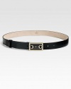 A smooth leather belt with horsebit-accented buckle in light gold hardware.About 1 wideMade in Italy 
