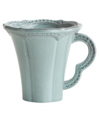 Handcrafted in the Italian tradition, the Merletto mug is intricately embellished with a lacy floral texture and painted a serene aqua hue. An elegant companion to Arte Italica dinnerware. Handcrafted in the Italian tradition, the Merletto mug is intricately embellished with a lacy floral texture and painted a serene aqua hue. An elegant companion to Arte Italica dinnerware.