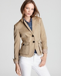 Earn instant fashion stripes in an army-inspired Burberry Brit blazer. Utilitarian hardware and streamlined tailoring give a nod to military styles, while a pleated peplum at the back salutes the feminine form. Earn instant fashion stripes in an army-inspired Burberry Brit blazer. Utilitarian hardware and streamlined tailoring give a nod to military styles, while a pleated peplum at the back salutes the feminine form.