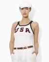 A casual scoopneck tank in soft cotton jersey is embellished with bold country embroidery in celebration of Team USA's participation in the 2012 Olympics.