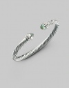 From the Silver Ice Collection. A signature cable of sterling silver, capped with soft green prasiolite, banded with pavé diamonds. Diamonds, 0.2 tcw Sterling silver Cable, 5mm Diameter, about 2¼ Made in USA