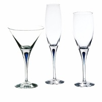 Orrefors Intermezzo Blue Collection designed by Erika Lagerbielke. From the name synonymous with unique and luxurious art glass, Orrefors' Intermezzo Blue has a distinct teardrop of blue in the stem. Orrefors Intermezzo Blue Collection designed by Erika Lagerbielke. From the name synonymous with unique and luxurious art glass, Orrefors' Intermezzo Blue has a distinct teardrop of blue in the stem.