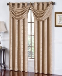 A repeating motif of structured medallions cascade over a soft and shimmering fabric in the Mosaic window panel from Regal. Combine this grommeted panel with a coordinating waterfall valance to achieve a stately and graceful look. A repeating motif of structured medallions cascade over a soft and shimmering fabric in the Mosaic window panel from Regal. Combine this grommeted panel with a coordinating waterfall valance to achieve a stately and graceful look.
