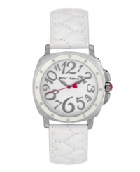 Hugs and kisses from Betsey! Sweet watch by Betsey Johnson crafted of white leather strap with heart-shaped quilting and square silver tone mixed metal case with white bezel. White dial features whimsical silver tone numerals, silver tone hour and minute hands, fuchsia heart-accented second hand and logo. Quartz movement. Water resistant to 30 meters. Two-year limited warranty. Hugs and kisses from Betsey! Sweet watch by Betsey Johnson crafted of white leather strap with heart-shaped quilting and square silver tone mixed metal case with white bezel. White dial features whimsical silver tone numerals, silver tone hour and minute hands, fuchsia heart-accented second hand and logo. Quartz movement. Water resistant to 30 meters. Two-year limited warranty.
