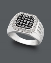 Square off on signature style. This shapely men's ring features a square-cut design adorned by round-cut black diamonds (5/8 ct. t.w.) and edged with round-cut white diamonds (3/8 ct. t.w.). Crafted in sterling silver. Size 10. Square off on signature style. This shapely men's ring features a square-cut design adorned by round-cut black diamonds (5/8 ct. t.w.) and edged with round-cut white diamonds (3/8 ct. t.w.). Crafted in sterling silver. Size 10.