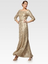 Lacy metallic jacquard, in a floor-length style featuring a pretty off-the-shoulder neckline.Off-the-shoulder jewel necklineThree-quarter sleevesBanded waistConcealed back zipAbout 50 from waist to hem70% polyester/30% metallicDry cleanMade in USA of imported fabricModel shown is 5'9½ (176cm) wearing US size 4. Lacy metallic jacquard, in a floor-length style featuring a pretty off-the-shoulder neckline.Off-the-shoulder jewel necklineThree-quarter sleevesBanded waistConcealed back zipAbout 50 from waist to hem70% polyester/30% metallicDry cleanMade in USA of imported fabricModel shown is 5'9½ (176cm) wearing US size 4.