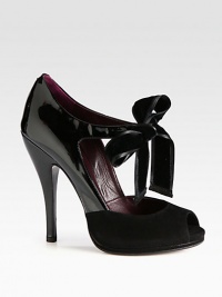 A large velvet bow with ribbon trim defines this suede and patent leather peep toe pump. Patent leather heel, 5 (125mm)Suede-covered platform, ½ (15mm)Compares to a 4½ heel (115mm)Patent leather and suede upper with velvet ribbon-trim bowPeep toeSelf tie bowLeather lining and solePadded insoleMade in Italy A large velvet bow with ribbon trim defines this suede and patent leather peep toe pump. Patent leather heel, 5 (125mm)Suede-covered platform, ½ (15mm)Compares to a 4½ heel (115mm)Patent leather and suede upper with velvet ribbon-trim bowPeep toeSelf tie bowLeather lining and solePadded insoleMade in Italy