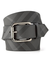 Accent your waist with a handsome belt from Burberry, embellished with a fetching signature check pattern for an iconic look. Accent your waist with a handsome belt from Burberry, embellished with a fetching signature check pattern for an iconic look.