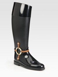 An asymmetrical rainy weather staple with matte paneling, a logoed goldtone buckle and contrasting leather straps. Rubber heel, 1 (25mm)Shaft, 16¼Leg circumference, 14Rubber upper with leather strapsRubber solePadded insoleMade in Italy An asymmetrical rainy weather staple with matte paneling, a logoed goldtone buckle and contrasting leather straps. Rubber heel, 1 (25mm)Shaft, 16¼Leg circumference, 14Rubber upper with leather strapsRubber solePadded insoleMade in Italy