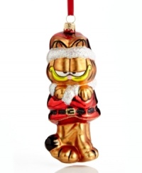 Even Garfield gets wrapped up in the spirit of Christmas, sporting a classic Santa suit in this handcrafted Polonaise ornament from Kurt Adler. Even Garfield gets wrapped up in the spirit of Christmas, sporting a classic Santa suit in this handcrafted Polonaise ornament from Kurt Adler.