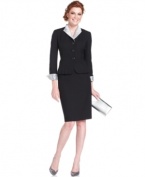 Organza trim updates Le Suit's elegant ensemble. The jacket's pleated peplum hem gives this look an on-trend touch, too.