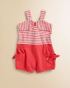 Nautical-inspired stripes adorn the bodice of this vivid, ultra-stylish one-piece in a plush cotton-blend with side ties and bottom snaps for easy on and off.Sweetheart necklineWide strapsWide strapsElastic waistSide patch pocketsBottom snaps94% cotton/6% spandexMachine washImported