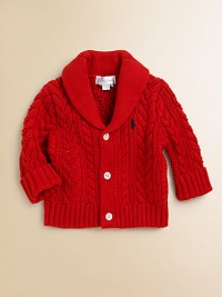 A soft cabled cotton cardigan is knit with a shawl collar and signature details for a heritage look.Flat-knit shawl collarLong sleeves with turn-back cuffsButton-frontRibbed cuffs and hemCottonMachine washImported Please note: number of buttons may vary depending on size ordered. A soft cabled cotton cardigan is knit with a shawl collar and signature details for a heritage look.Flat-knit shawl collarLong sleeves with turn-back cuffsButton-frontRibbed cuffs and hemCottonMachine washImported Please note: number of buttons may vary depending on size ordered.