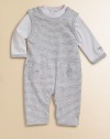 From the Nutkins collection, a striped pima cotton coverall is adorned with embroidered squirrels and paired with a matching bodysuit for a precious ensemble. Bodysuit CrewneckLong sleeves Shoulder snap closureBottom snaps Overalls Round necklineSleevelessShoulder snapsPatch pocketsBottom snapsOverall: 94% pima cotton/6% polyesterBodysuit: CottonMachine washImported Please note: Number of snaps may vary depending on size ordered.