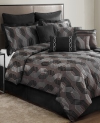 In an ultra-modern fashion, this Marquee comforter set offers a simply brilliant addition to your sleep space, featuring a bold chain link pattern in black and metallic silver hues. Shams and decorative pillows complete the look while the coordinating coverlet offers an extra styling option. In an ultra-modern fashion, this Marquee comforter set offers a simply brilliant addition to your sleep space, featuring a bold chain link pattern in black and metallic silver hues. Shams and decorative pillows complete the look while the coordinating coverlet offers an extra styling option.