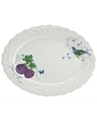 Ripe for the table, the Antique Countryside Fig oval platter exudes charm with embossed vines and colorful nature scenes in traditional white stoneware. Complements Italian Countryside and Antique White dinnerware, also by Mikasa. Ripe for the table, the Antique Countryside Fig oval platter exudes charm with embossed vines and colorful nature scenes in traditional white stoneware. Complements Italian Countryside and Antique White dinnerware, also by Mikasa.