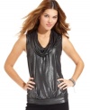 Shine on in August Silk's metallic cowl-neck top. Pair it with skinny pants for a statement-making look day or night!