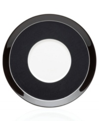 Circle 'round the table for a taste of retro fun! From Mikasa dinnerware, dishes like this porcelain tea saucer feature ebony rings in a mod pattern for festive everyday meals and entertaining. (Clearance) Circle 'round the table for a taste of retro fun! From Mikasa dinnerware, dishes like this porcelain tea saucer feature ebony rings in a mod pattern for festive everyday meals and entertaining. (Clearance)