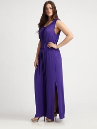 Made from soft, stretch modal this knit maxi dress features a feminine neckline, an elasticized waist and a curve-flattering self-tie belt. ScoopneckSleevelessSmocked waistSelf-tie beltCord endsAbout 46 from natural waist95% modal/5% elastaneHand washImportedAdditional Information Women's Salon Z Size Guide Made from soft, stretch modal this knit maxi dress features a feminine neckline, an elasticized waist and a curve-flattering self-tie belt. ScoopneckSleevelessSmocked waistSelf-tie beltCord endsAbout 46 from natural waist95% modal/5% elastaneHand washImportedAdditional Information Women's Salon Z Size Guide