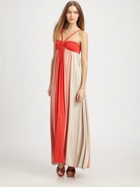 Gorgeous colorblock chiffon drapes beautifully in this floor-sweeping gown styled with a skin-baring halter top.Halter necklineRuched bustEmpire waistPleated from bust to hemAbout 40 from natural waist95% rayon/5% spandexDry cleanMade in USAModel shown is 5'10½ (177cm) wearing US size Small. Gorgeous colorblock chiffon drapes beautifully in this floor-sweeping gown styled with a skin-baring halter top.Halter necklineRuched bustEmpire waistPleated from bust to hemAbout 40 from natural waist95% rayon/5% spandexDry cleanMade in USAModel shown is 5'10½ (177cm) wearing US size Small.
