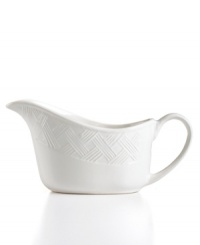 Serve sauces with a side of country charm from Martha Stewart Collection. Like the coordinating dinnerware set, the French Cupboard gravy boats are crafted in radiant white porcelain and embossed with a woven basket motif.
