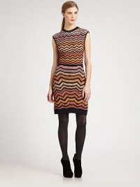 A colorful, kinetic chevron pattern defines this form-fitting knit silhouette.Jewel necklineCap sleevesPull-on styleAbout 20 from natural waist65% wool/35% nylonDry cleanMade in Italy of imported fabricModel shown is 5'9½ (176cm) wearing US size 4. A colorful, kinetic chevron pattern defines this form-fitting knit silhouette.Jewel necklineCap sleevesPull-on styleAbout 20 from natural waist65% wool/35% nylonDry cleanMade in Italy of imported fabricModel shown is 5'9½ (176cm) wearing US size 4.