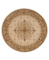 Evoking the opulence of European decor, this round rug features an elegant medallion design in shades of gold on a cream background dotted with rosettes. Woven of premium wool for rich texture and indulgent softness.